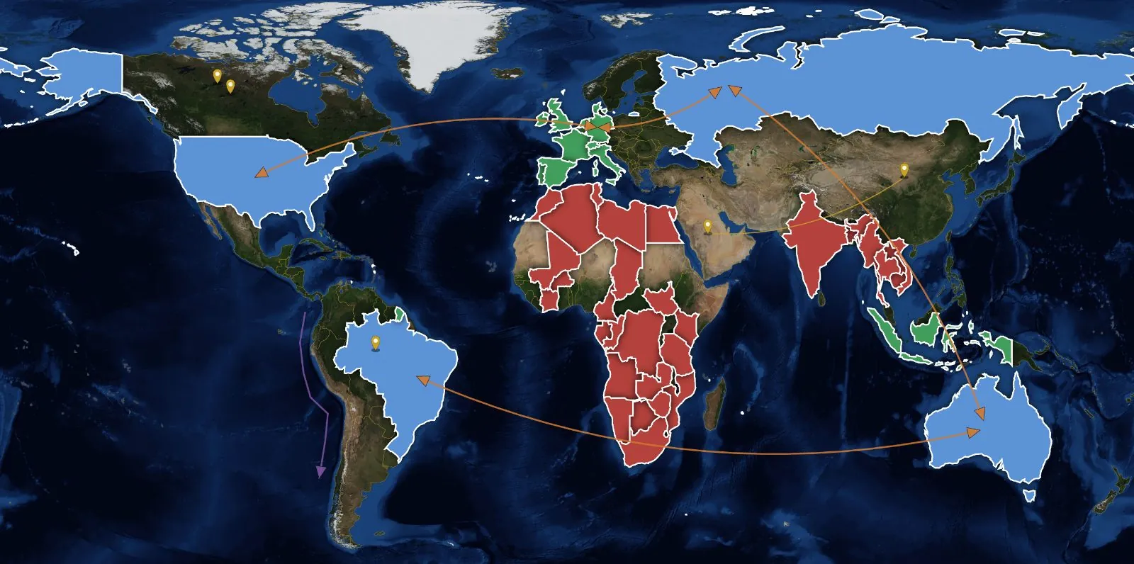 World map with satellite background, example sheet