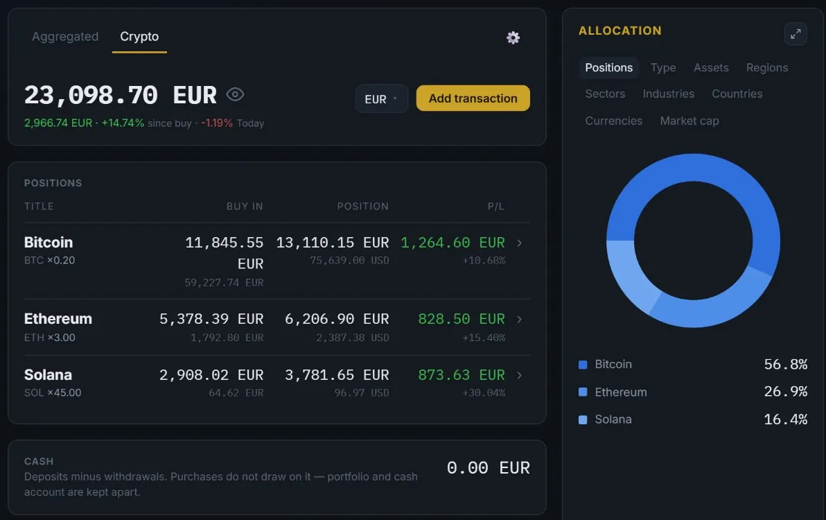 A crypto portfolio in DESK with positions and allocation, example account